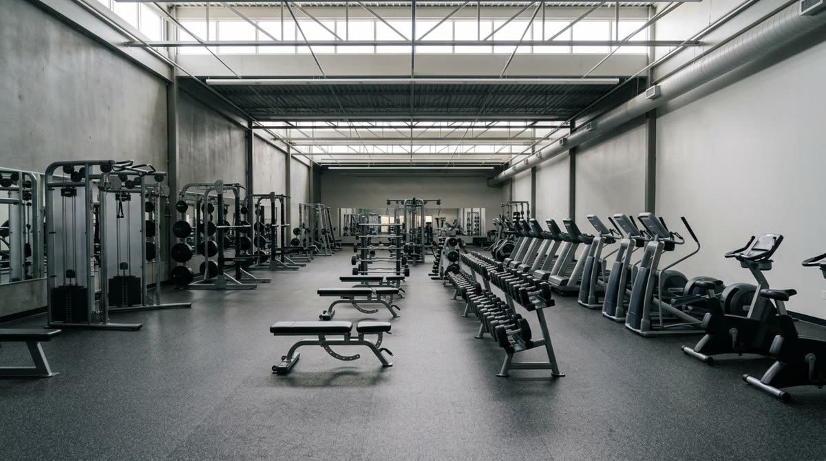 An empty gym floor with tidy racks of equipment and lights on, seen from the entrance.