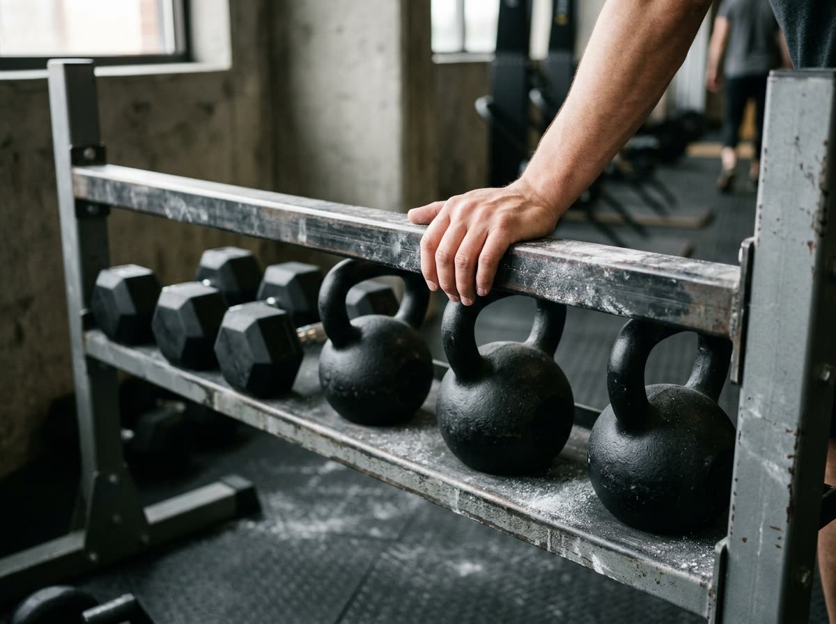 Close view of a row of kettlebells on a rack with a hand resting on the rail.