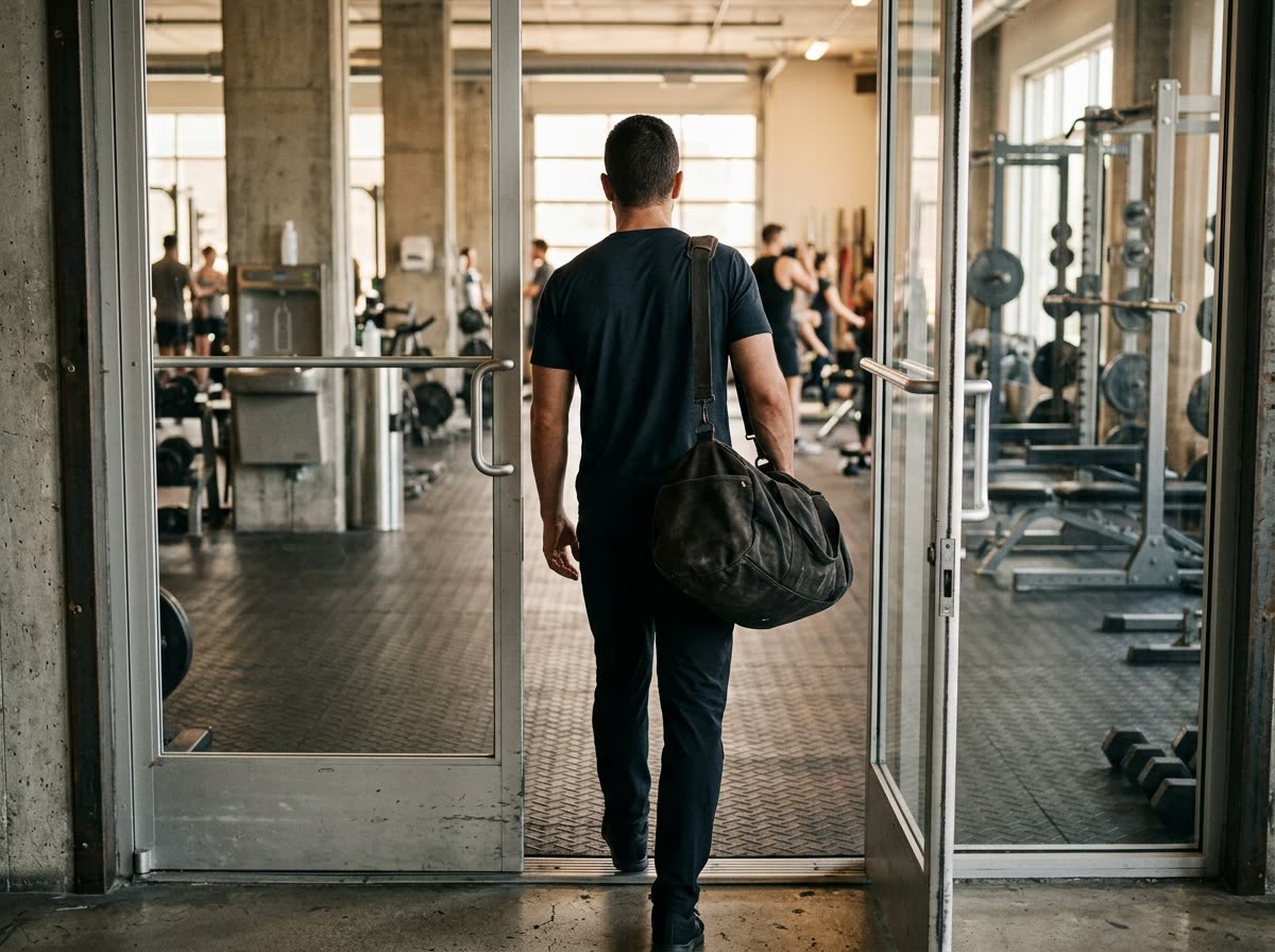 A person carrying a gym bag walks through a glass entrance toward the training floor.