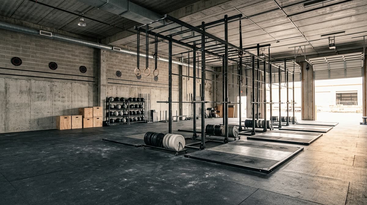Wide view of a warehouse-style training floor with lifting platforms and an overhead rig.
