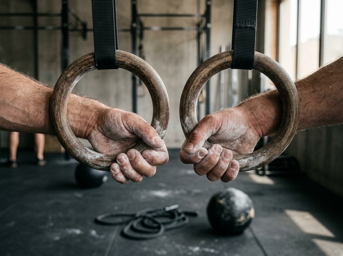 Chalked hands gripping wooden gymnastics rings above a coiled jump rope on the floor.