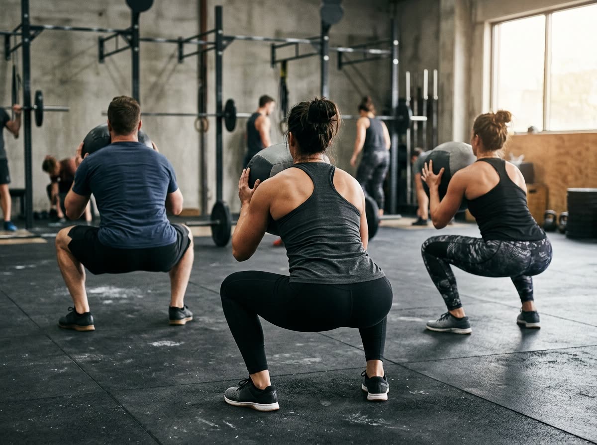 A person squats with a weighted ball in a row of athletes, seen from behind.