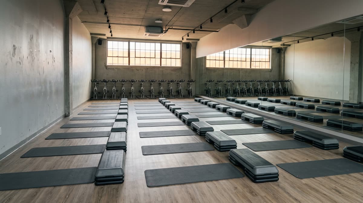 A mirrored studio room with mats and steps arranged in rows before a class begins.