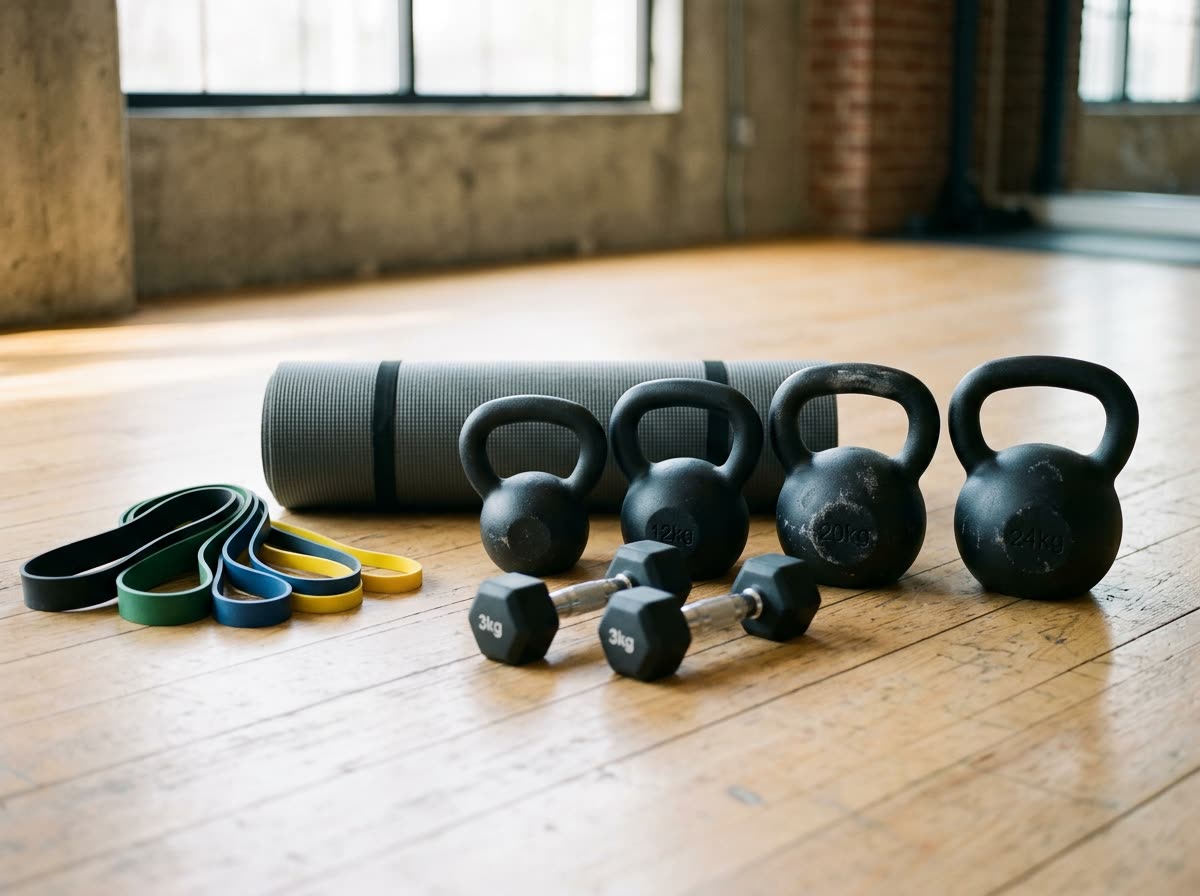 Kettlebells, resistance bands and small dumbbells lined up beside a rolled mat.