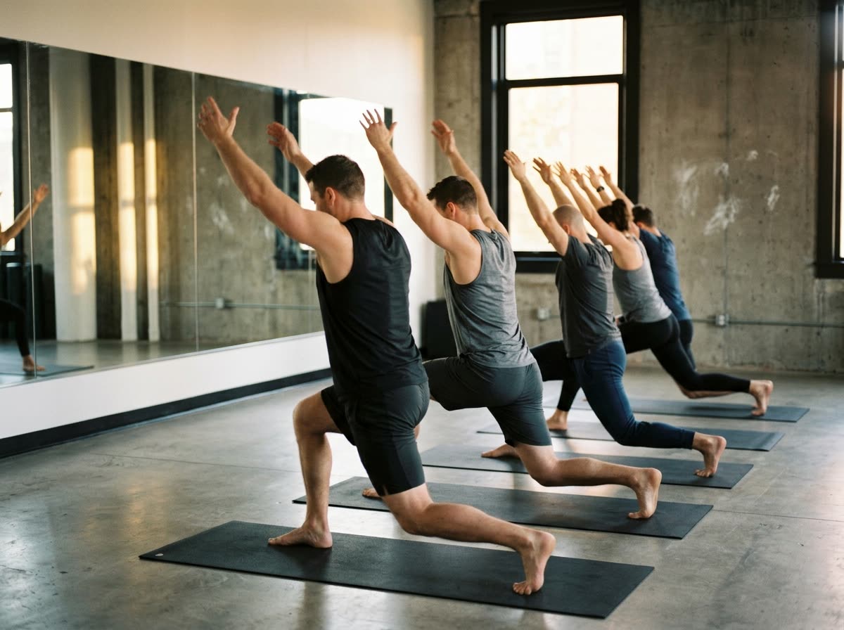 Seen from behind, a person lunges with arms raised among others in a class.