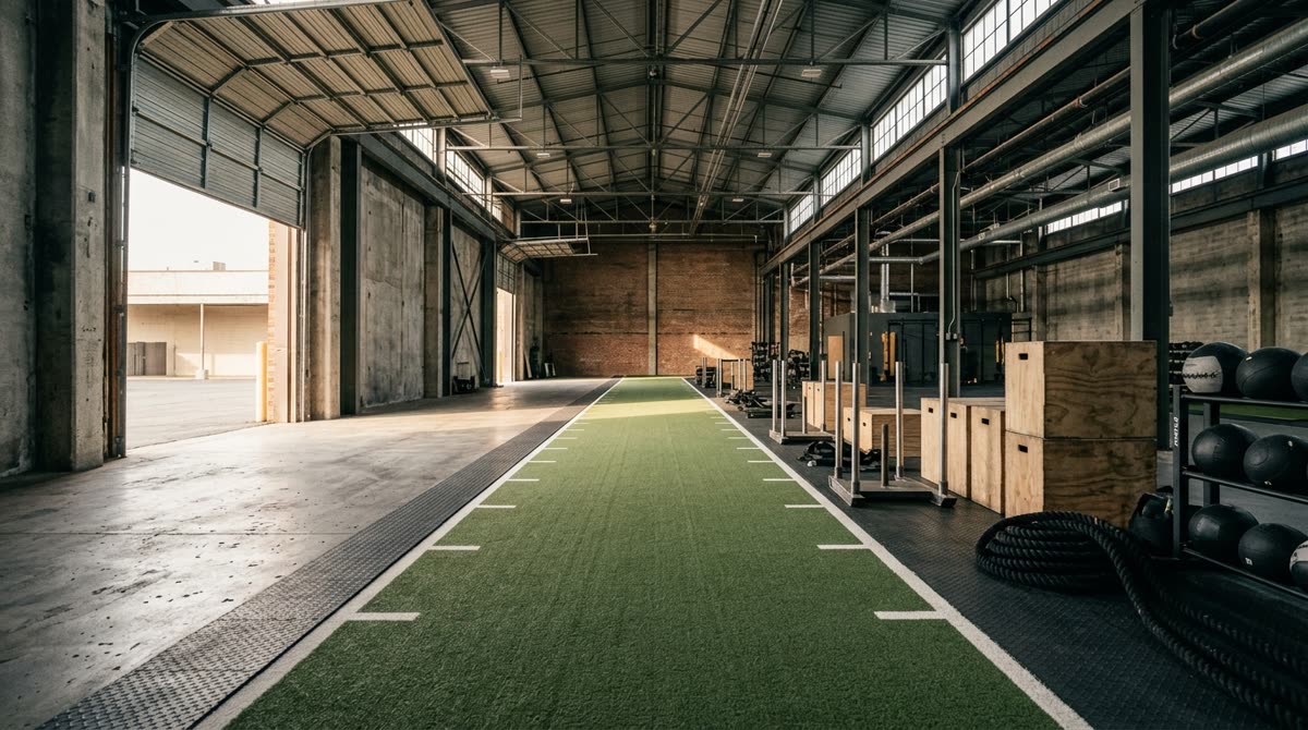 An indoor turf lane lined with sleds, plyo boxes and ropes set up as stations.