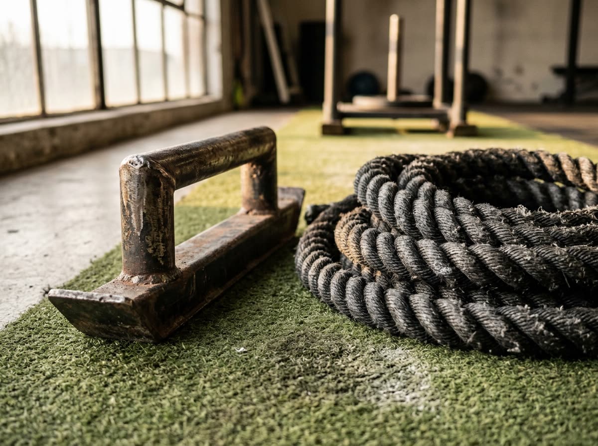 Close view of a worn sled handle and coiled battle rope resting on scuffed turf.