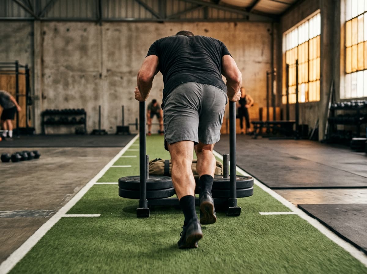 A person pushes a weighted sled down a turf lane, photographed from behind.