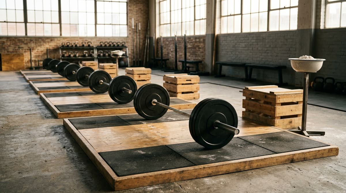 A row of wooden lifting platforms with loaded barbells and a chalk bowl nearby.