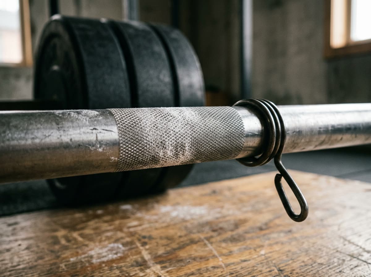 Close view of a chalk-dusted barbell shaft and collars over plain rubber plates.
