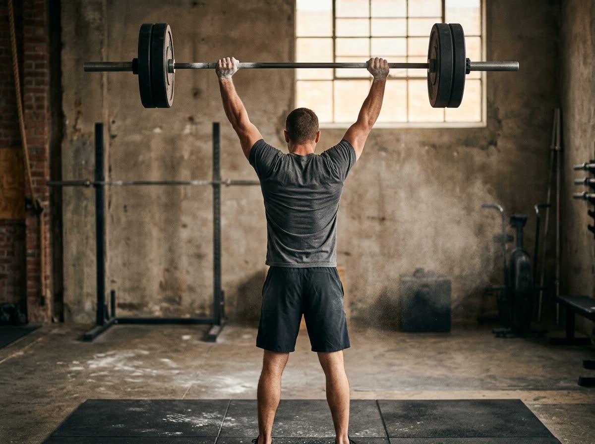 A lifter holds a barbell locked out overhead, seen from behind and cropped.