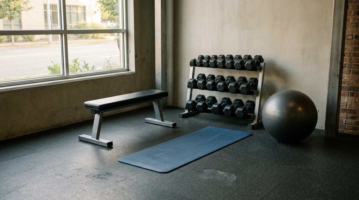A quiet corner of a gym with one bench, a dumbbell rack and open floor space.