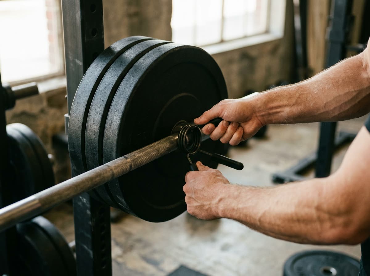 Two hands fastening the collar on a loaded barbell resting in a rack.