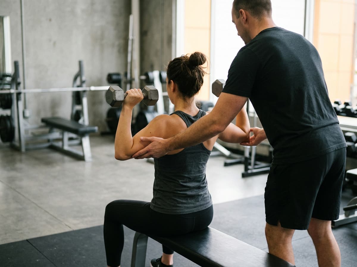A coach adjusts a client's arm on a dumbbell press; both faces are out of frame.
