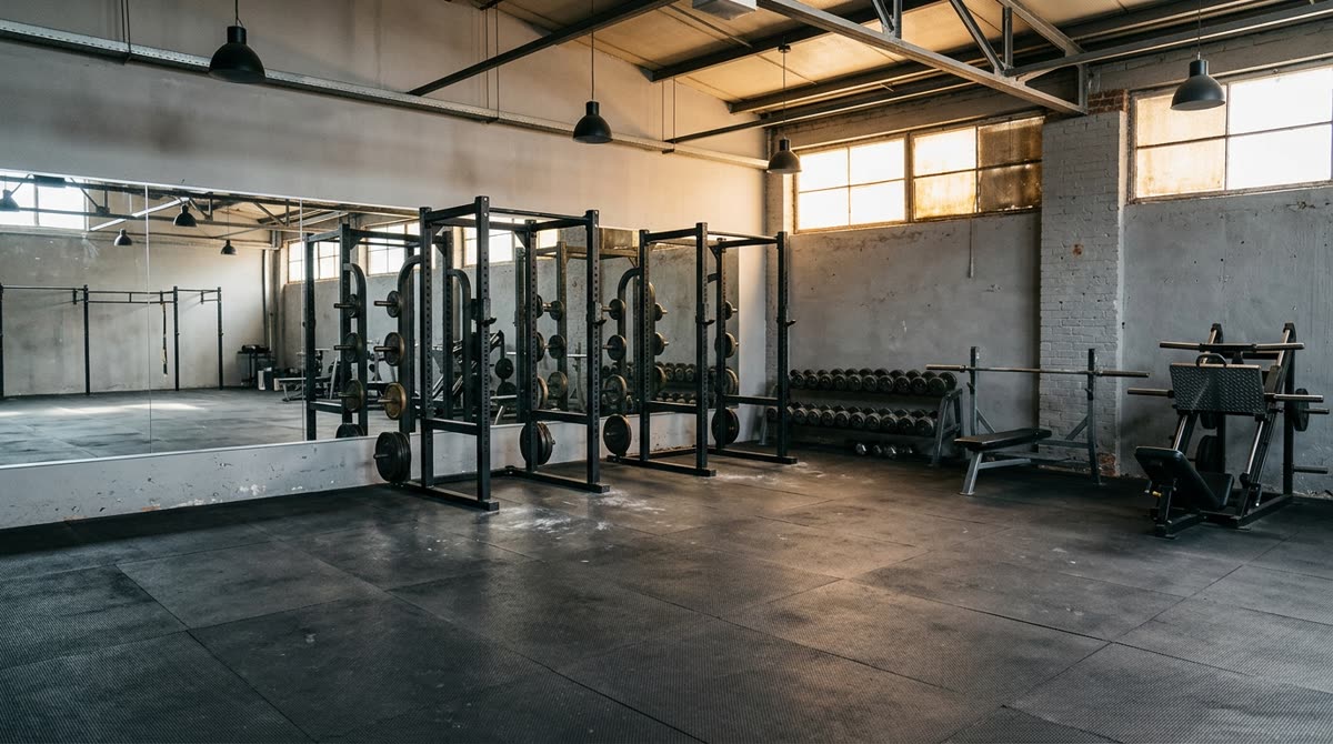 A strength area with squat racks, dumbbell rows and plate-loaded machines.