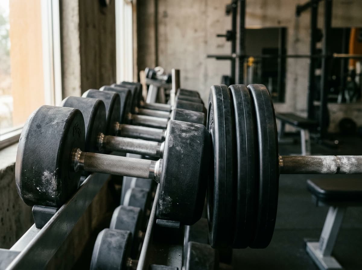 Close view of stacked dumbbells beside a loaded barbell with chalk on the knurling.
