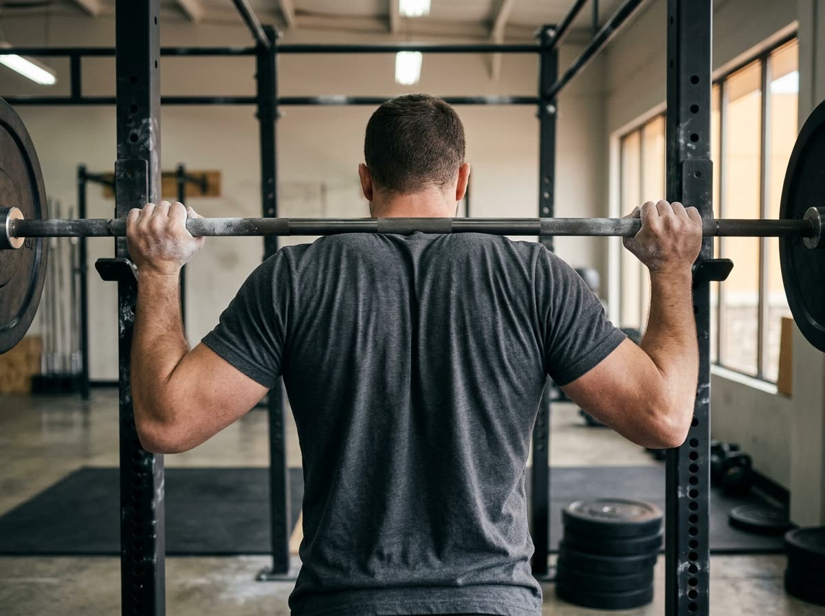Seen from behind, a person unracks a barbell across the shoulders in a squat rack.